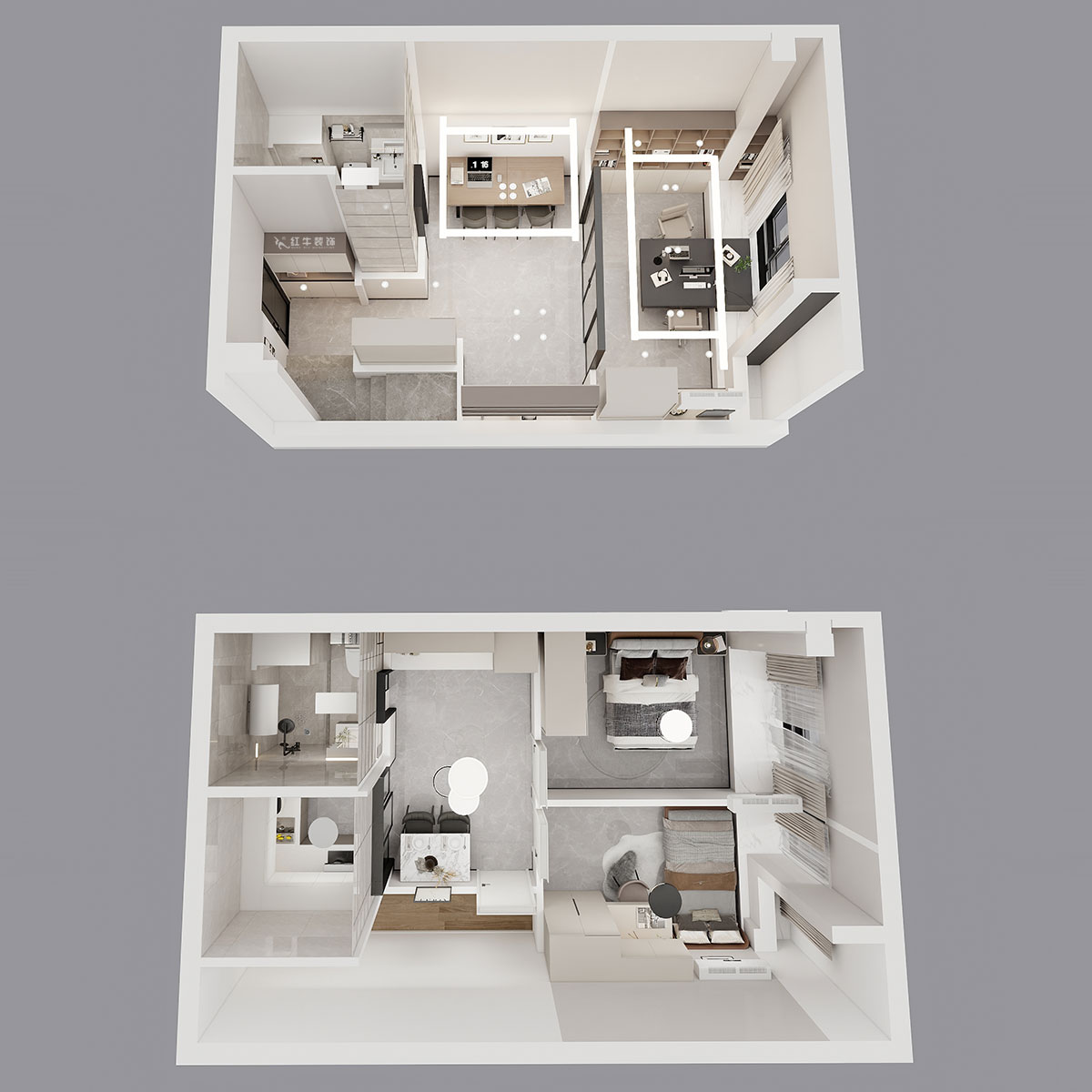 蒋琛｜融信铂岸中心5号楼1218室-50㎡挑高-现代简约风格｜3室2厅2卫｜老房装修｜定制家｜全包12万｜00_05鸟瞰图